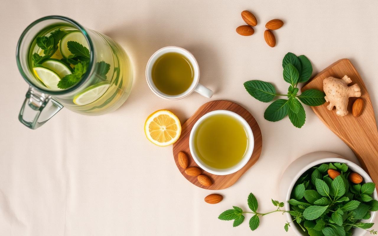 Detoks Haftası: 7 Günlük Hafifleme ve Toparlanma Rehberi — Detoks haftası için cam sürahide limonlu su, yeşil bitki çayı,…